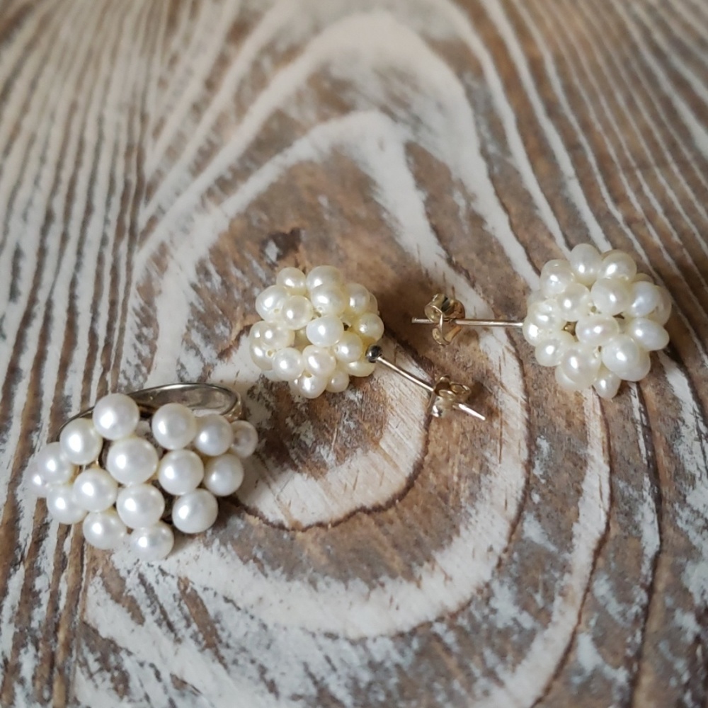 Cultured Freshwater Pearl earrings & ring SS sz 7